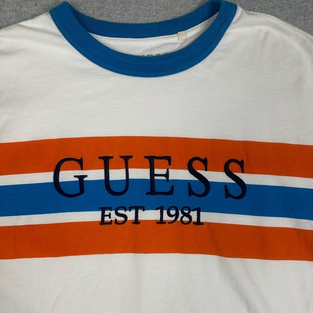 Guess‎ Ringer T Shirt Mens Large Logo Retro 90s Y2K Blue Orange